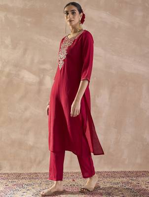Red embroidered silk kurta trouser set 1