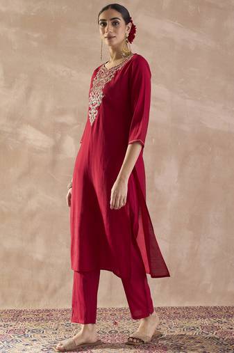 Red embroidered silk kurta trouser set