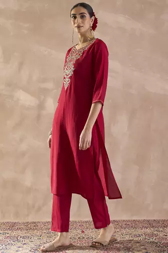 Red embroidered silk kurta trouser set
