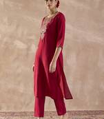 Red embroidered silk kurta trouser set