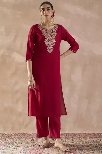 Red embroidered silk kurta trouser set