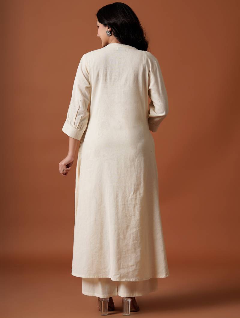 Off white printed cotton kurta trouser set