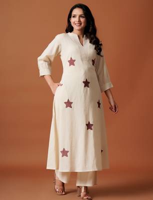 Off white printed cotton kurta trouser set 3
