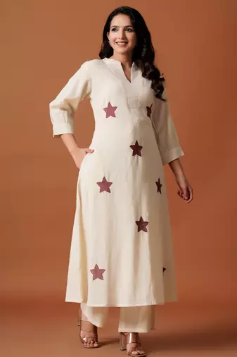 Off white printed cotton kurta trouser set