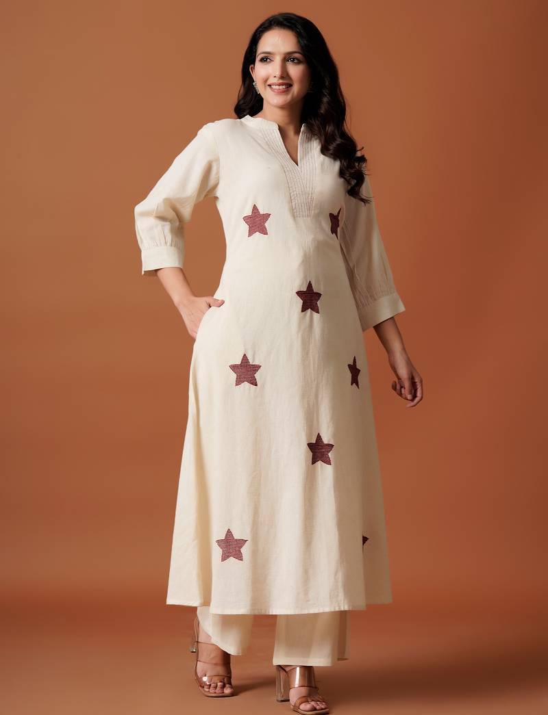 Off white printed cotton kurta trouser set
