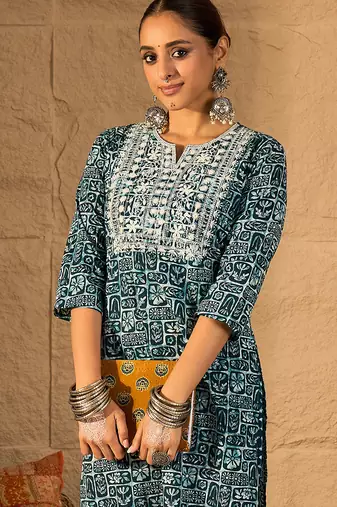 Blue embroidered cotton kurta trouser set