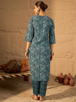Blue embroidered cotton kurta trouser set 2
