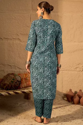 Blue embroidered cotton kurta trouser set