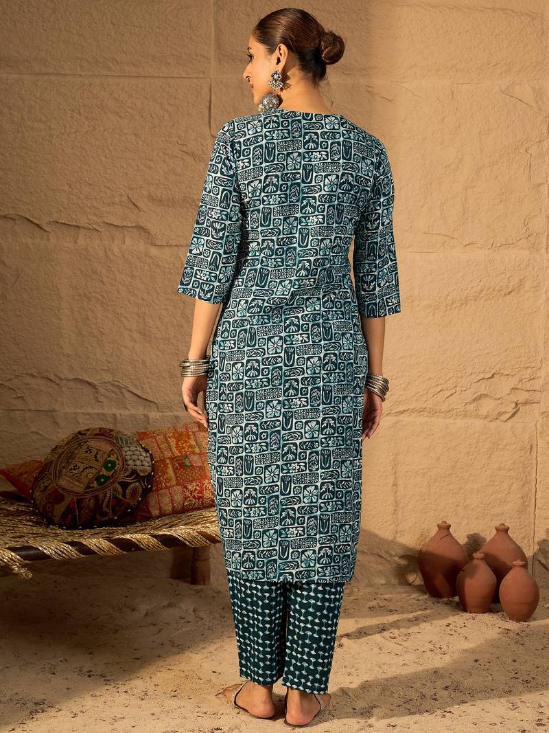 Blue embroidered cotton kurta trouser set