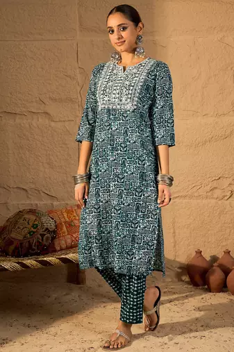 Blue embroidered cotton kurta trouser set