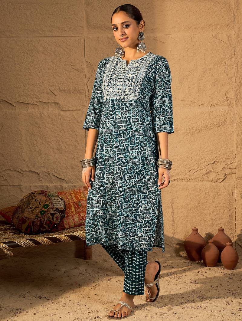 Blue embroidered cotton kurta trouser set