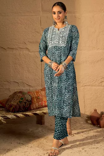 Blue embroidered cotton kurta trouser set