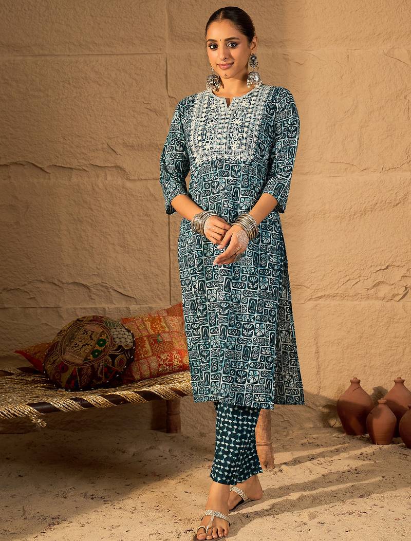 Blue embroidered cotton kurta trouser set