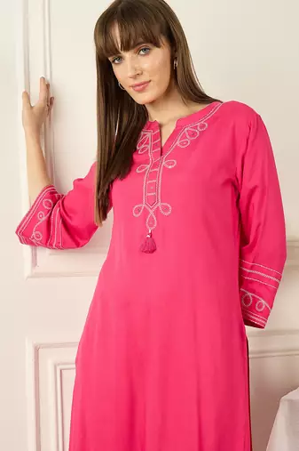 Pink embroidered viscose rayon kurta trouser set