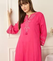 Pink embroidered viscose rayon kurta trouser set