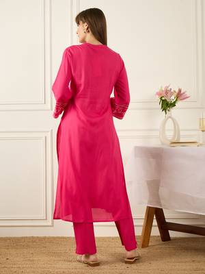 Pink embroidered viscose rayon kurta trouser set 3