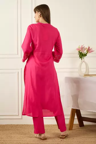 Pink embroidered viscose rayon kurta trouser set