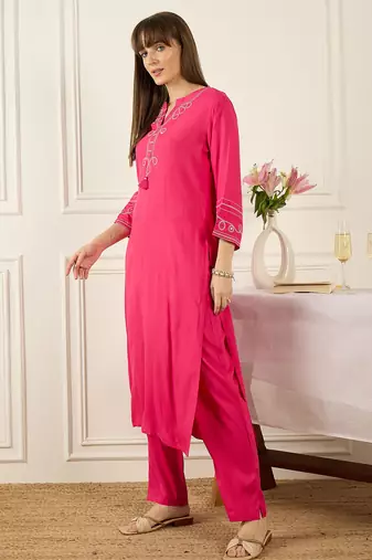 Pink embroidered viscose rayon kurta trouser set