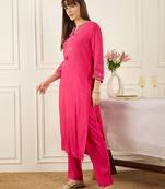 Pink embroidered viscose rayon kurta trouser set