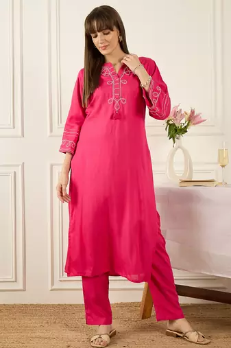 Pink embroidered viscose rayon kurta trouser set