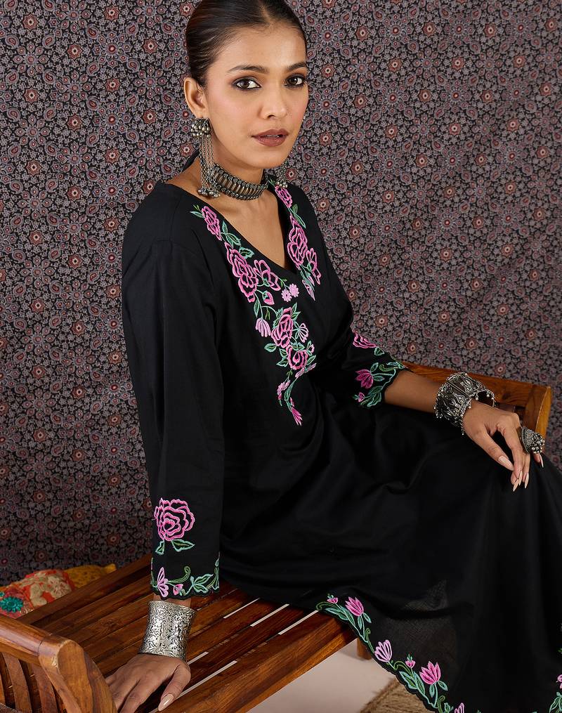Black embroidered cotton kurta trouser set