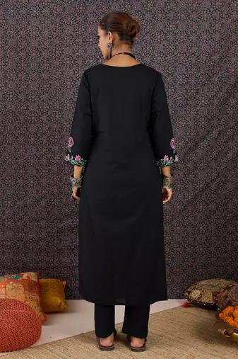 Black embroidered cotton kurta trouser set