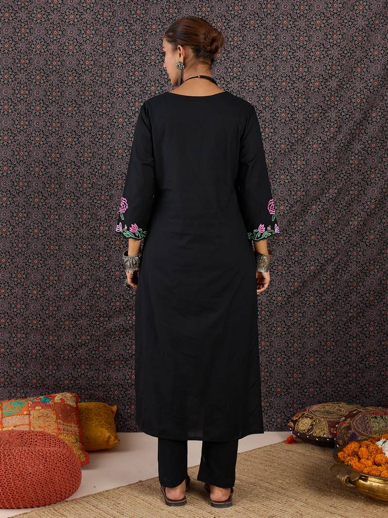 Black embroidered cotton kurta trouser set