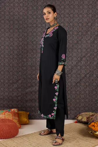 Black embroidered cotton kurta trouser set