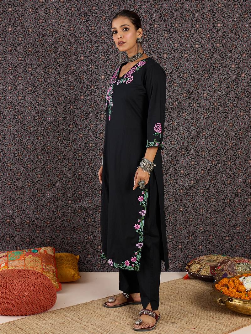 Black embroidered cotton kurta trouser set