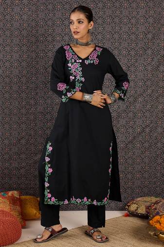 Black embroidered cotton kurta trouser set