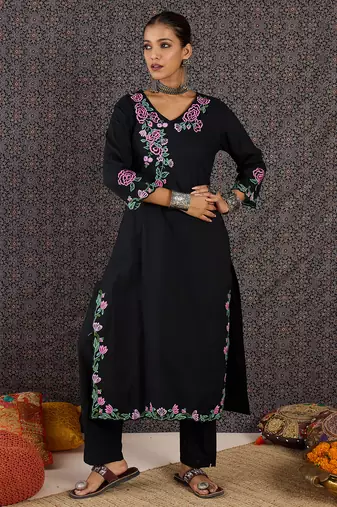 Black embroidered cotton kurta trouser set