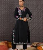 Black embroidered cotton kurta trouser set