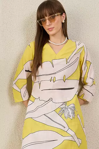 Yellow printed cotton kurta trouser set