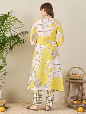 Yellow printed cotton kurta trouser set 2
