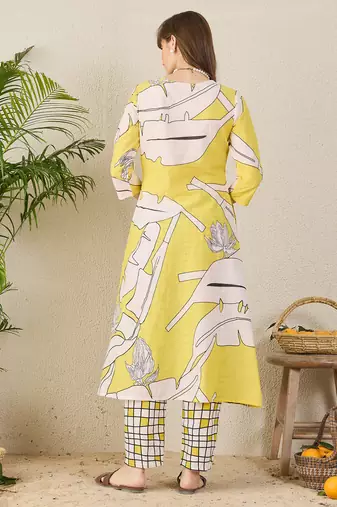 Yellow printed cotton kurta trouser set