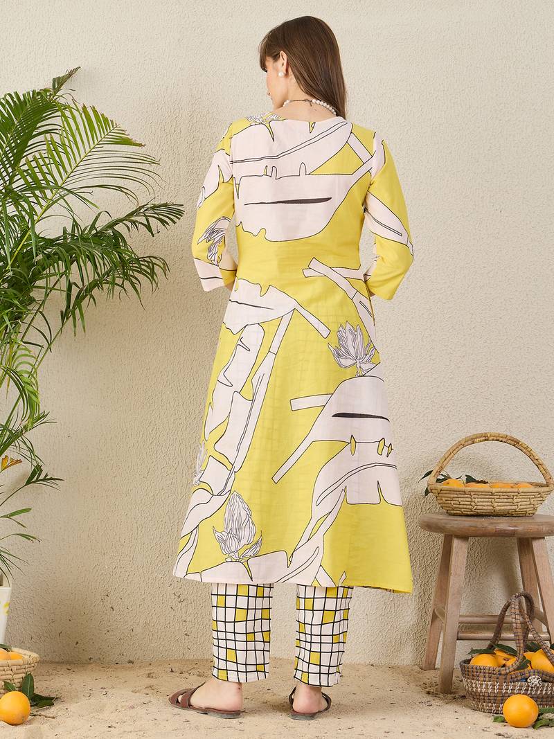 Yellow printed cotton kurta trouser set
