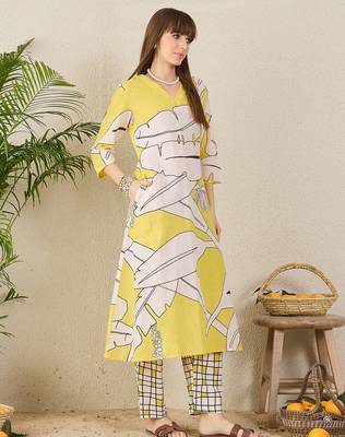 Yellow printed cotton kurta trouser set 3