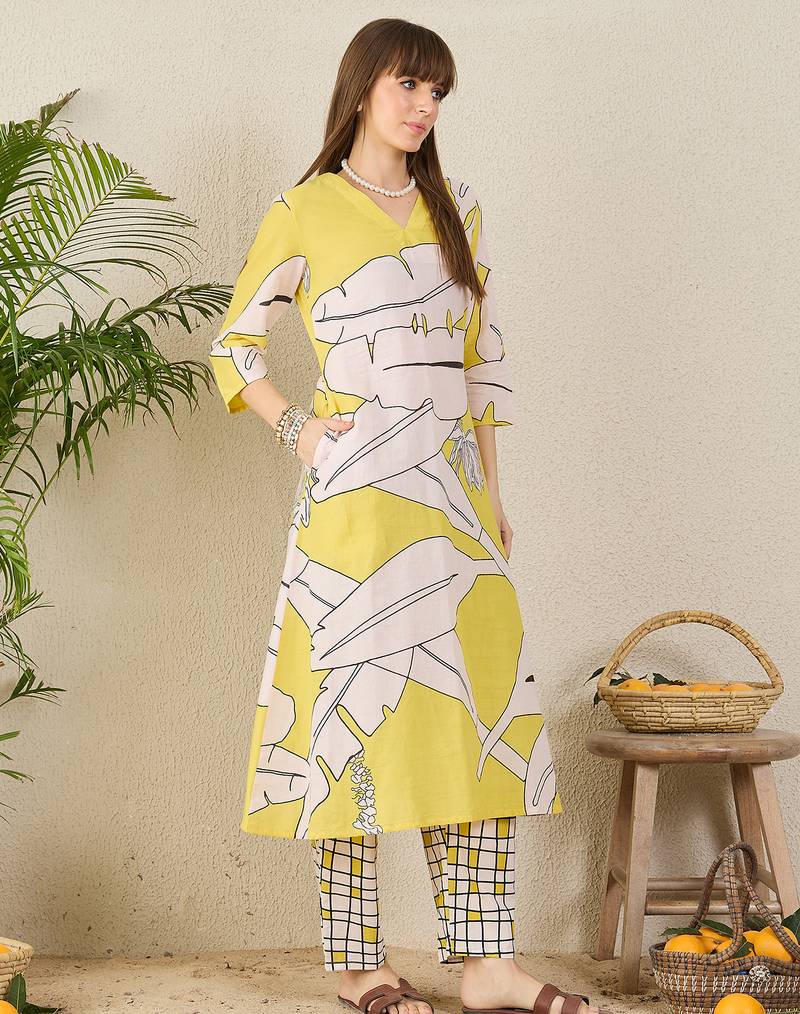 Yellow printed cotton kurta trouser set