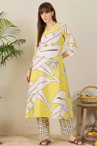 Yellow printed cotton kurta trouser set