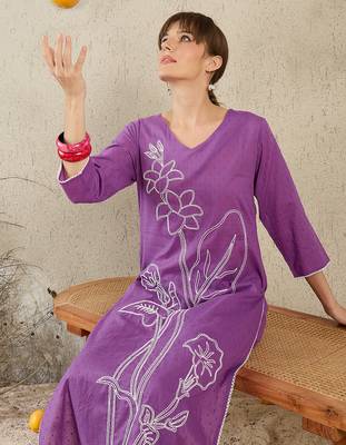Purple embroidered cotton kurta trouser set 2