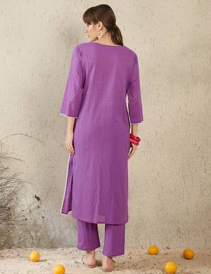 Purple embroidered cotton kurta trouser set 3
