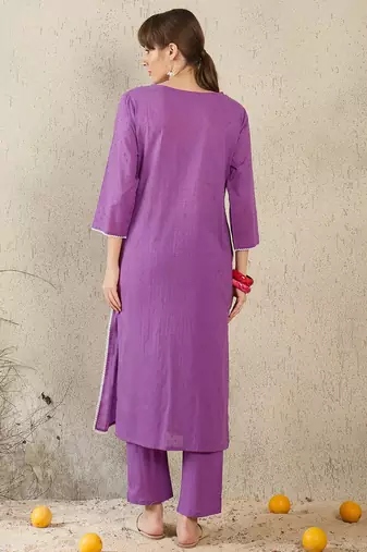 Purple embroidered cotton kurta trouser set