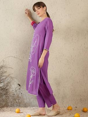 Purple embroidered cotton kurta trouser set 4