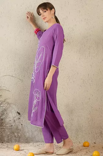 Purple embroidered cotton kurta trouser set