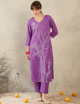 Purple embroidered cotton kurta trouser set 1