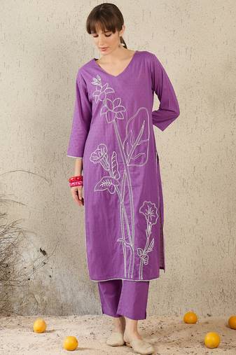 Purple embroidered cotton kurta trouser set