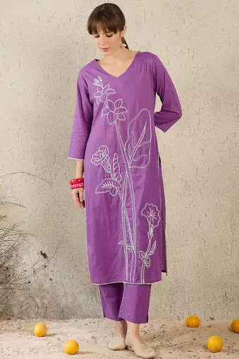 Purple embroidered cotton kurta trouser set