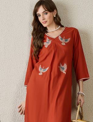 Orange embroidered viscose rayon kurta trouser set 2