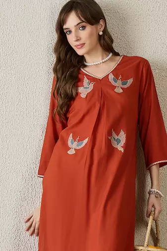 Orange embroidered viscose rayon kurta trouser set