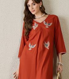 Orange embroidered viscose rayon kurta trouser set